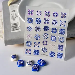 5D Embossed Nail Art Stickers Blue Porcelain Style Bohemian Vintage Relief Decals DIY Manicure Accessory