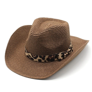 Western Cowboy Straw Hat Wide Brim Sun Protection Summer Beach Vacation Leopard Print Ribbon For Women