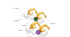 Detail showing dimensions of gold C-hoop earrings with pearls and colored zircons