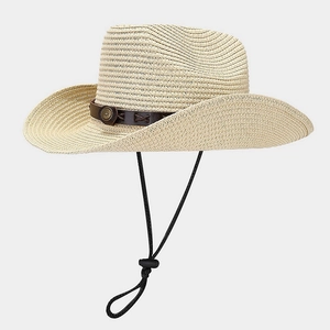 Detail of woven straw cowboy hat featuring brown leather band and metallic buckle accent
