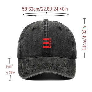 Detailed dimensions of washed denim baseball cap with red embroidered E logo