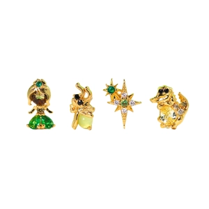 Set of four gold-plated fairy tale stud earrings with colorful cubic zirconia inlays