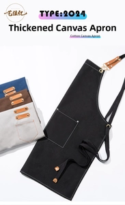 Detail of durable cotton canvas apron showing reinforced metal rivets and leather accents