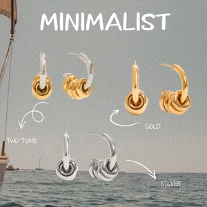 Minimalist C-shaped earrings in gold, silver, and two-tone finishes on a seaside backdrop