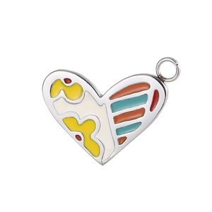 Detailed close-up of colorful enamel heart pendants with metal bases and hanging rings