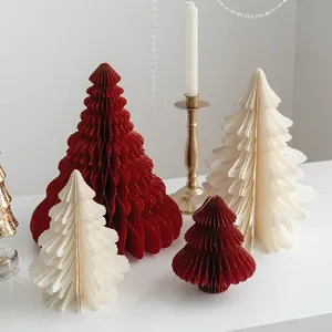 Foldable honeycomb paper Christmas tree set with gold glitter edges in red and cream