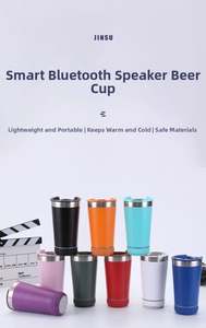 Detail view of colorful 304 stainless steel tumbler cups with integrated Bluetooth speakers