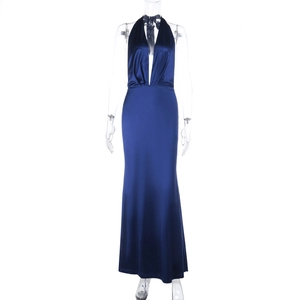 Front view of a deep blue satin evening dress featuring a halter neck and deep V-neck design