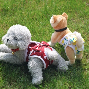 Washable pet physiological pants for dogs featuring red polka dot and lemon prints with bows