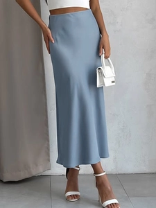 Elegant misty blue satin midi skirt with high waist and silky flowy silhouette