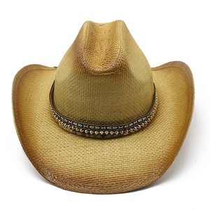 Classic straw western cowboy hat with woven patterned band and wide rolled brim