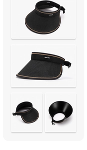 Detail of black UV sun visor with breathable mesh, large brim and adjustable back buckle