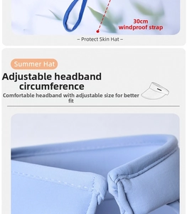Detail showing the 30cm windproof rope and adjustable headband of the sky blue sun hat
