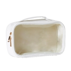 Borsa da trucco in PVC bianco con ricamo a lettere e cerniere dorate per cosmetici