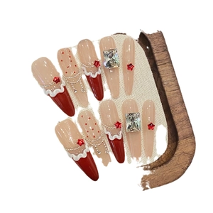 French retro polka dot press-on nails with red strawberry tips and crystal chain