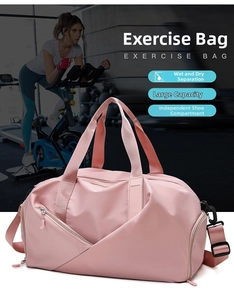 Pink sports gym bag detail showing dry wet separation and separate shoe compartment