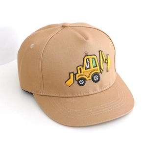 Kids khaki cotton baseball cap with yellow excavator embroidery for boys and girls