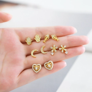 Zircon Inlaid Copper Stud Earrings Gold Plated Crab Fishbone Moon Hamsa Flower Heart Shapes Fashion Jewelry For Women