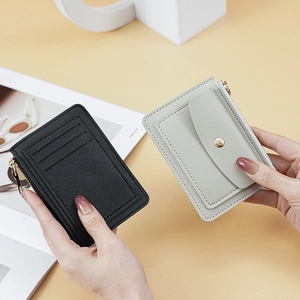 Women Slim Card Holder Zipper Coin Purse PVC Leather Litchi Grain Minimalist Mini Wallet Snap Button