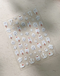 Macro detail of 3D embossed nail stickers featuring winter snowmen and polar bear designs