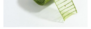 Detail of sheer green organza Christmas ribbon with glitter stripes for gift wrapping