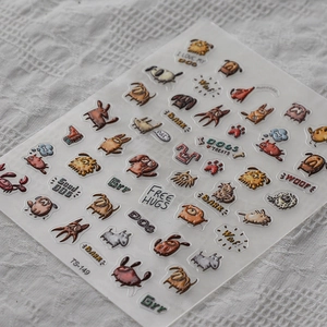 Close-up of 5D adhesive nail stickers with cute hand-drawn puppies and bone patterns