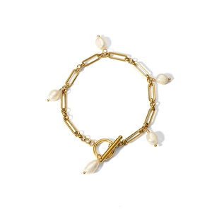 18K gold plated paperclip chain bracelet with freshwater pearls and an OT toggle clasp