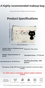 Dettagli della borsa per cosmetici in lino con gatti, dimensioni 17x25cm e testo Meow