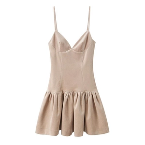 Robe Courte Sexy En Velours À Fines Bretelles Dos Nu Coupe Ajustée Ourlet Plissé Kaki Clubwear Femmes