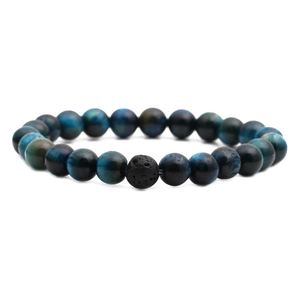 Blue tiger eye and volcanic stone beaded bracelet for men on a white background