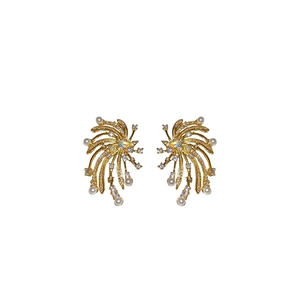 Elegant gold firework-shaped stud earrings featuring zircon and white pearls for women