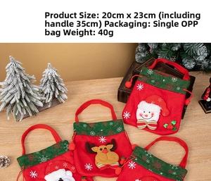 Close-up of Christmas drawstring gift bags with 3D snowman and reindeer decorations