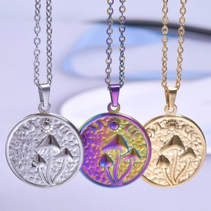 Rainbow and gold stainless steel mushroom pendants on matching cable chain necklaces