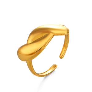Minimalist gold knot open ring with twisted irregular design on a plain white background