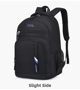 Detail of black business backpack with zippers, mesh side pocket and logo detail