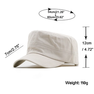 Beige vintage military flat top cap for men featuring adjustable 54-60cm size and 7cm brim