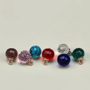 Polished 10mm faceted glass round bead buttons in seven colors with metal rings