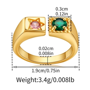 Detail showing ring dimensions 1.9cm with pink star and green round zircon stones