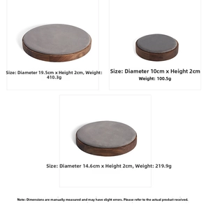 Three sizes of walnut wood and velvet round jewelry display pads with detailed dimensions