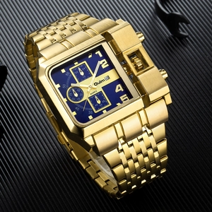 Men Quartz Watch Large Square Dial Gold Stainless Steel Band Calendar Industrial Punk Style Casual Wristwatch