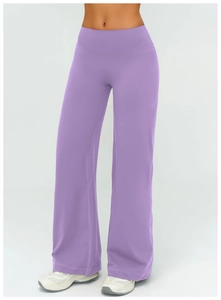 Detail of high-waisted lavender yoga pants showing fabric texture and wide-leg drape