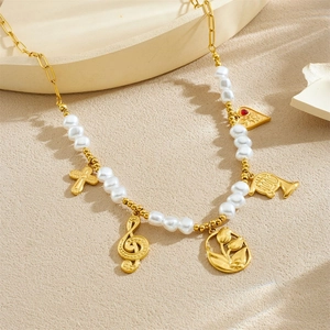 Gold-plated stainless steel pearl necklace with music note and cross pendants