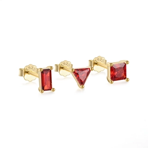 925 silver gold plated geometric stud earrings set with red clusters of square and triangles
