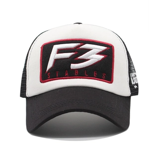 F3 STABLES embroidery trucker hat with black breathable mesh and white front panel