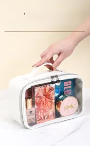 Dettaglio della borsa da toilette impermeabile in PVC con cerniere e manico rinforzato