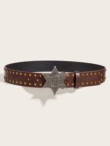 Close-up of brown leather belt featuring gold rivets and a star sheriff buckle
