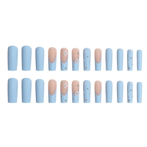 Blue matte press-on nails set featuring white flowers, pearls and coffin shape
