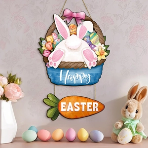 Easter wooden hanging sign with bunny tulip flower basket and happy easter carrot