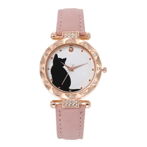 Detail of pink suede strap watch featuring a cute black cat silhouette on the white dial