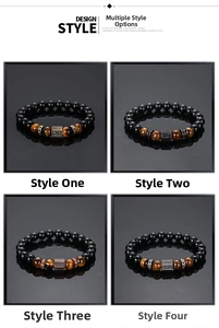 Detail grid of tiger eye and matte black beaded men's bracelets with micro-pave hex beads